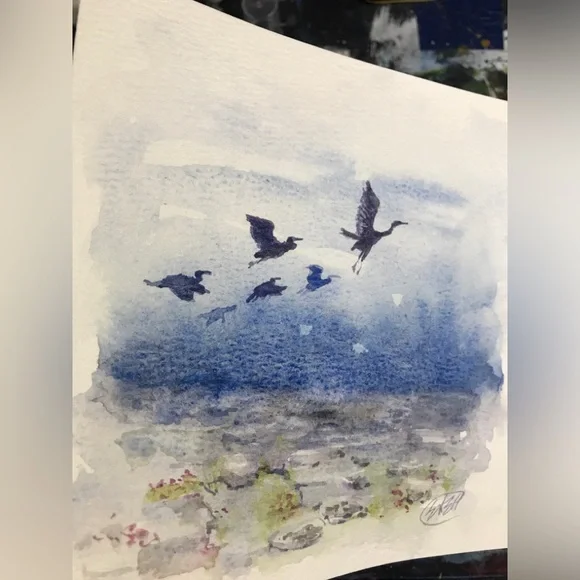 Original Watercolor Painting Blue heron art Birds Flight Home decor Artettina - Picture 4 of 7